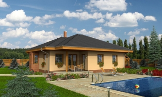 Adorable maison de famille avec terrasse et toit entrecoupé, ainsi qu'un espace repas courbé.